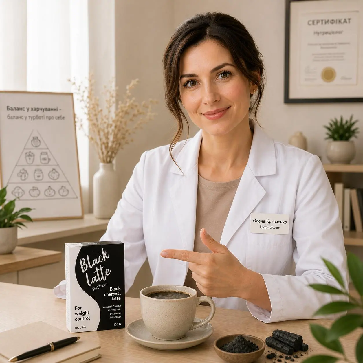 Нутриціолог із упаковкою Black Latte та чашкою напою